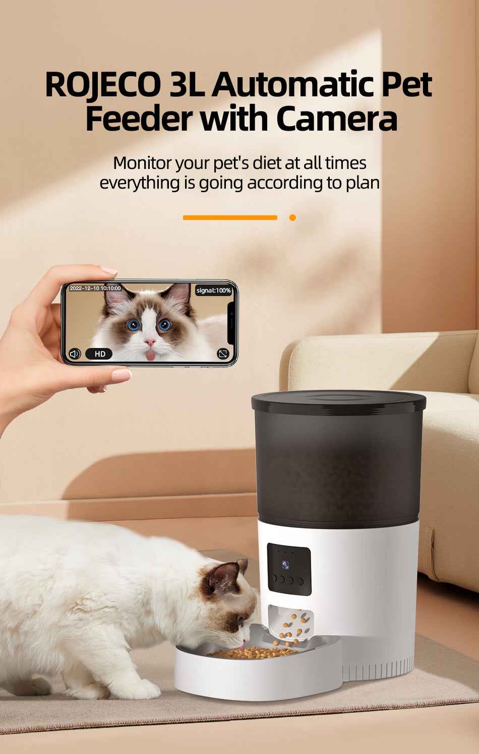 ROJECO 3L Cat Feeder with Camera