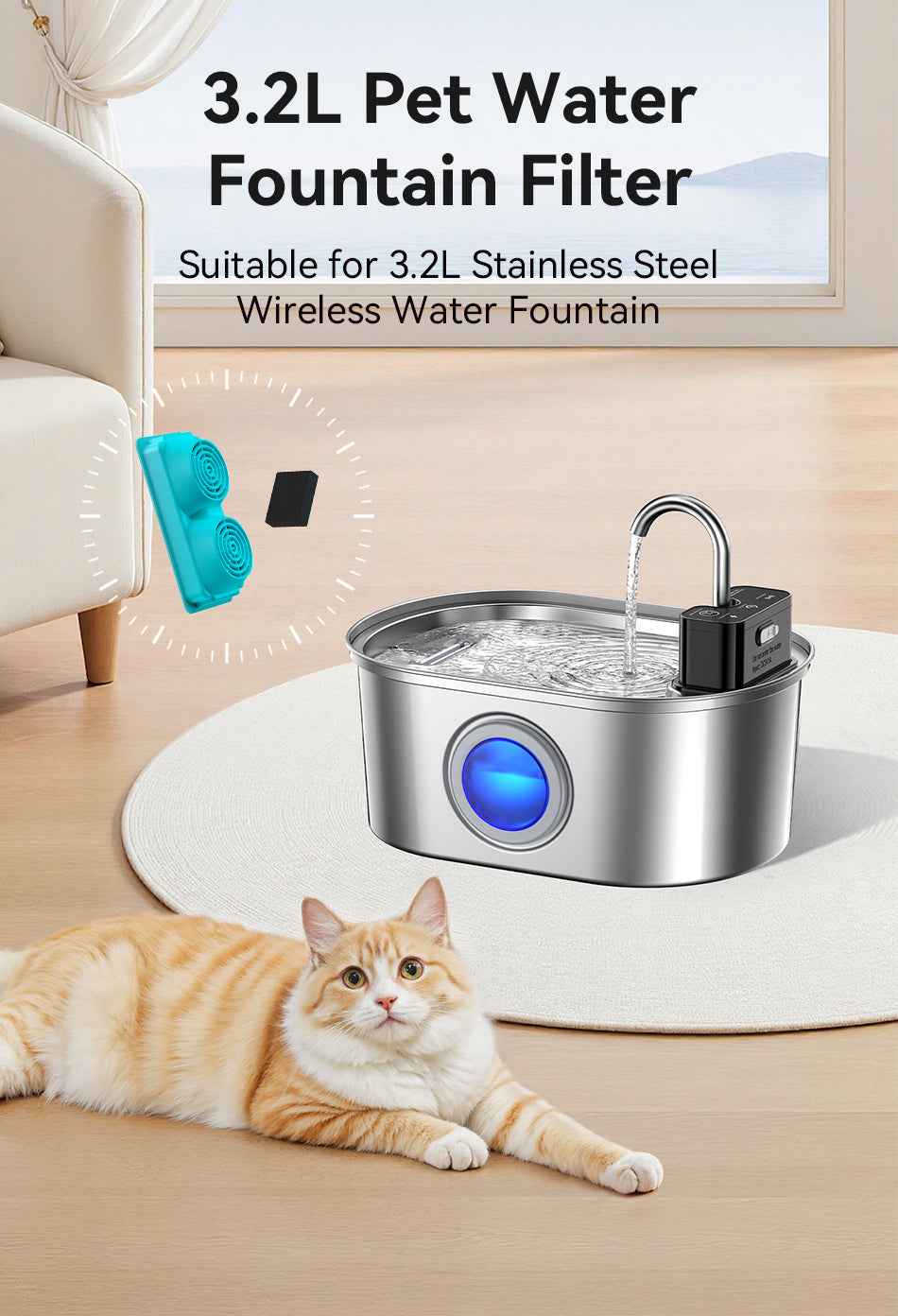 ROJECO Filter for 3.2L Stainless Steel Cat Fountain