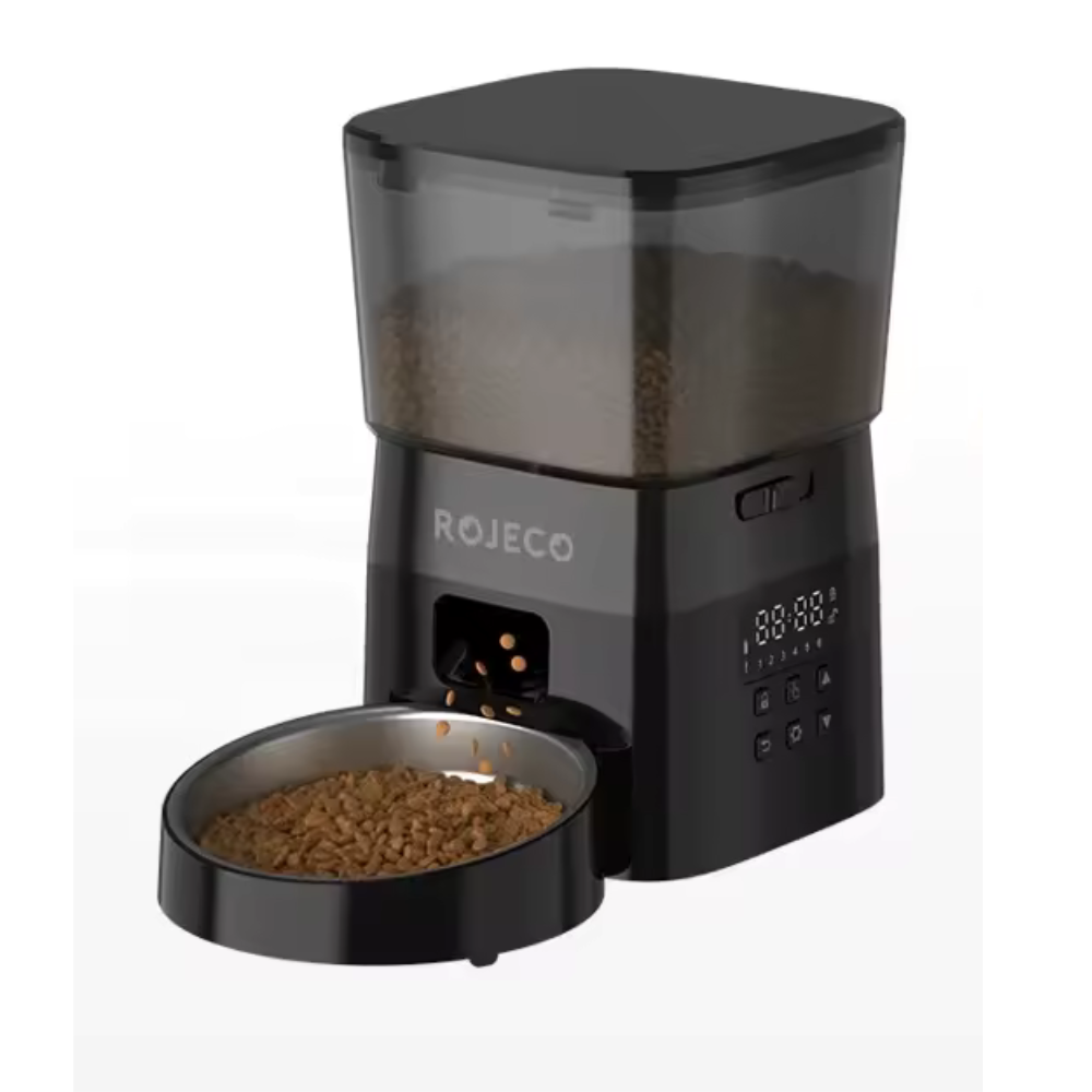 ROJECO 2L button pet feeder — programmable, stainless steel bowl — black.