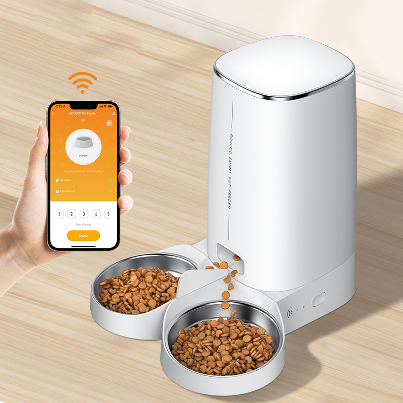 ROJECO 4L smart pet feeder — dual bowl, WiFi version, single or double bowl option.