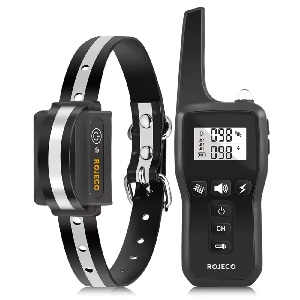 ROJECO PD529 1000m dog training collar with 100 levels, 3 channels, IPX7 — black color.
