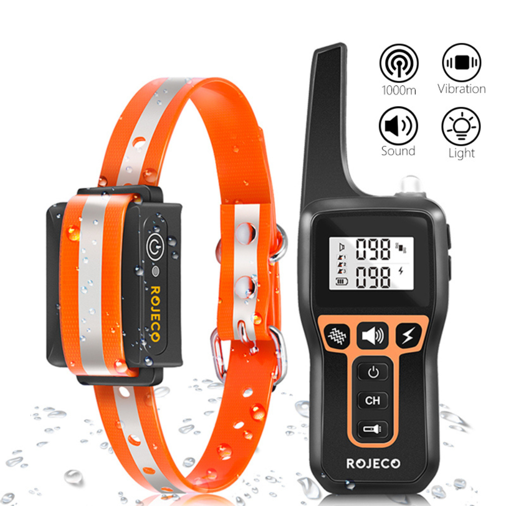 ROJECO PD529 1000m dog training collar with 100 levels, 3 channels, IPX7 — orange color.