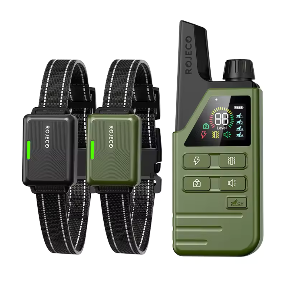 ROJECO RXGQ-04 dog training collar with 300m range, IPX7, and 3 modes — 2-piece set.