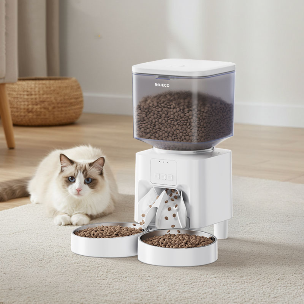 ROJECO 4.5L WiFi smart pet feeder with voice message, app control, and dual bowl.